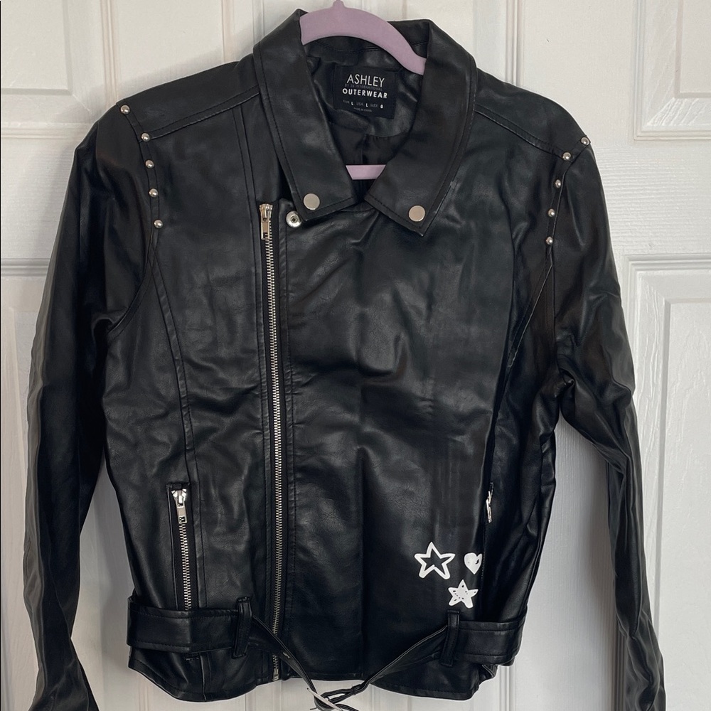 ASHLEY BY 26 INTERNATIONAL BLACK VEGAN LEATHER GRAFFITI BIKER CORE JACKET SZ L - Picture 3 of 8